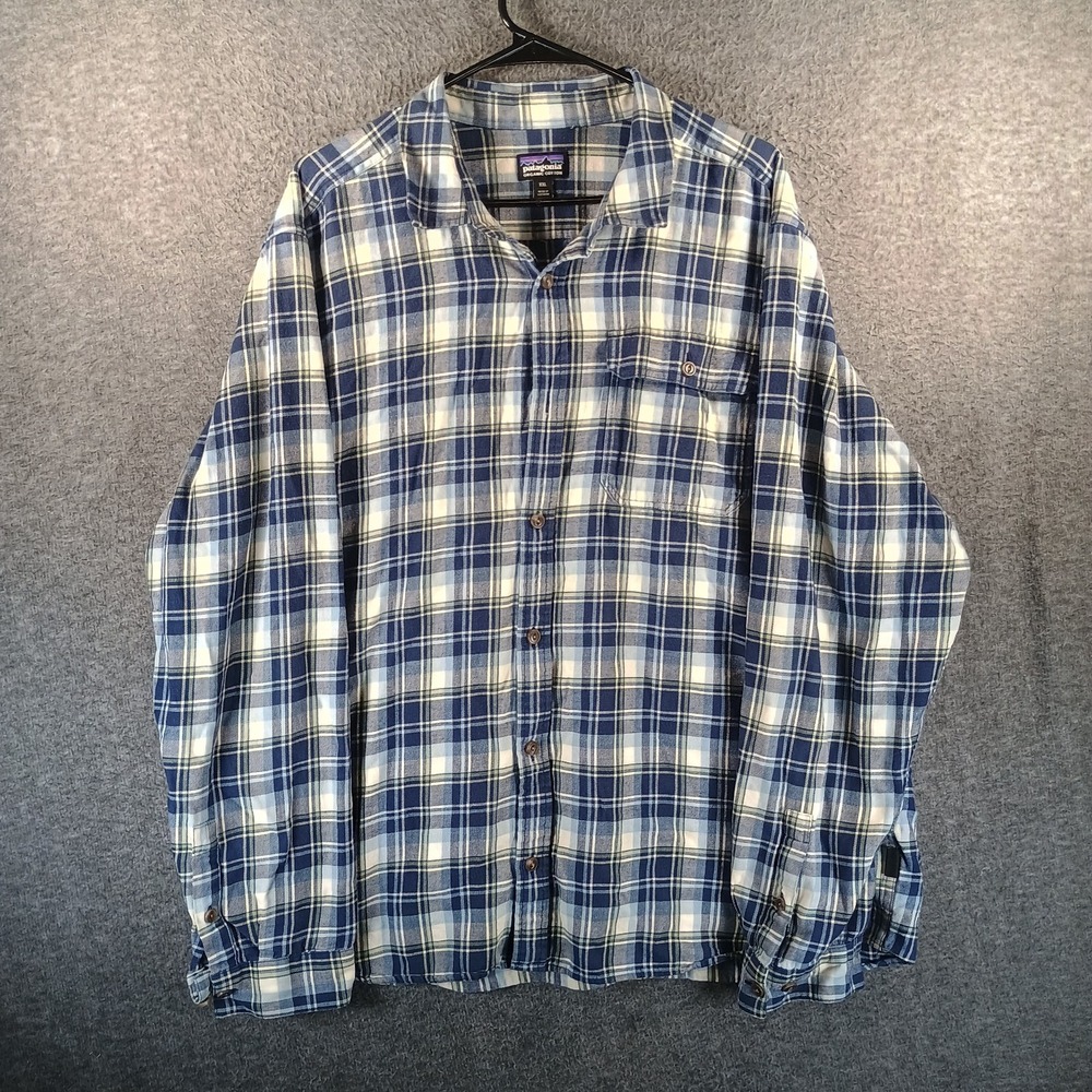 Patagonia Long Sleeved Fjord Flannel Shirt Men XXL Virtually Blue Missing Button